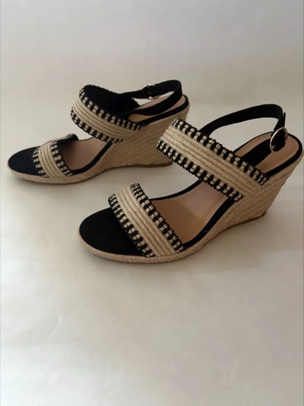 New Boho Black Beige Woven Heeled Wedges Sandals Ankle Strap Size 9
